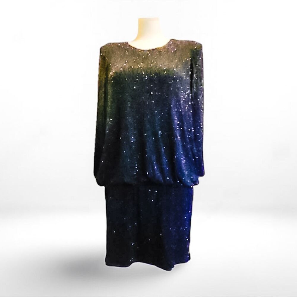 Vintage 80s Onyx Nite Black Sequined Blouson Dress – Size 18, Bubble Skirt, Goth